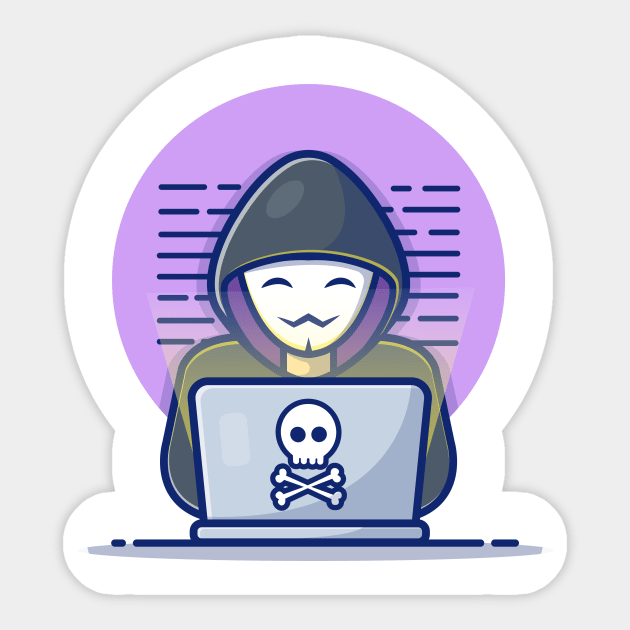 Masked hacker operating a laptop cartoon Sticker by Catalyst Labs